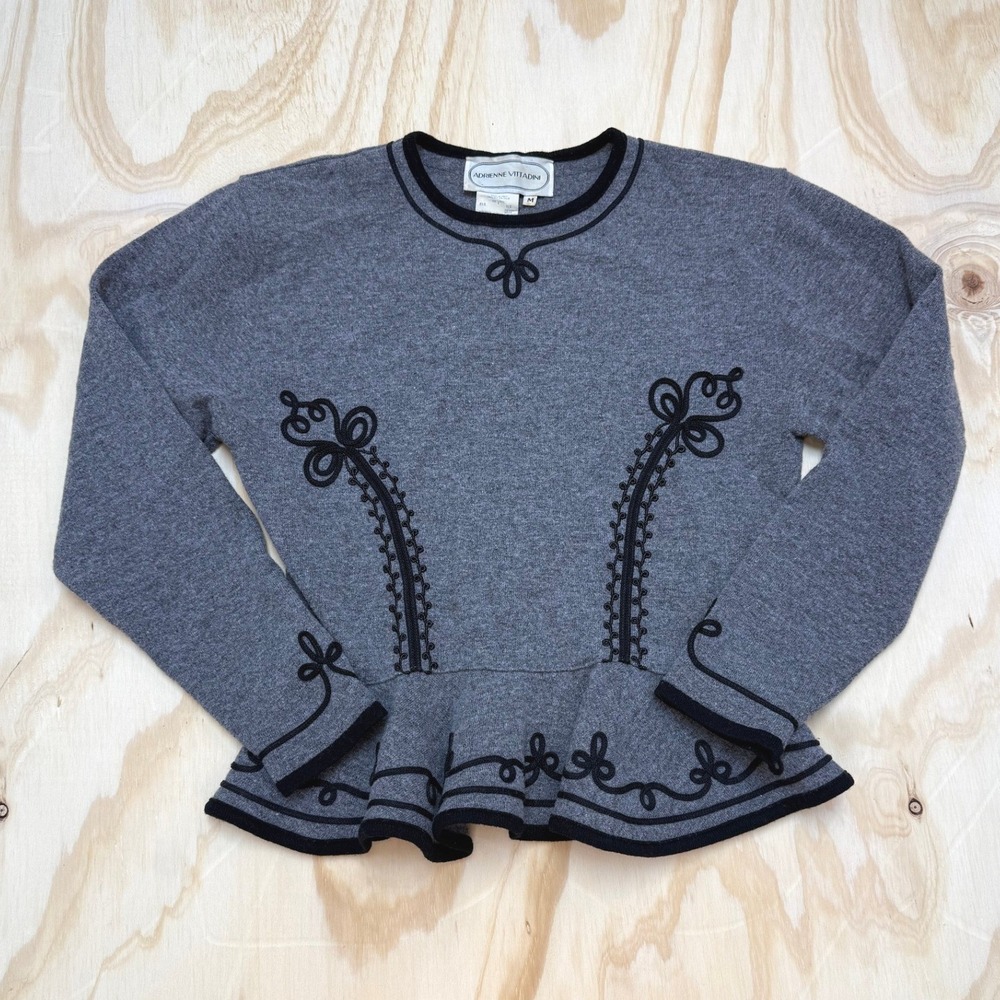 Adrienne Vittadini Vintage Gray Lambswool Peplum Sweater Black Soutache Italy M